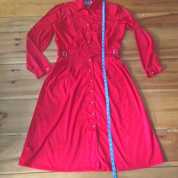 Vintage Minna Lee N.R.1 Long Sleeve Belted Red Shirt Dress With Pockets Size L - Picture 8 of 10